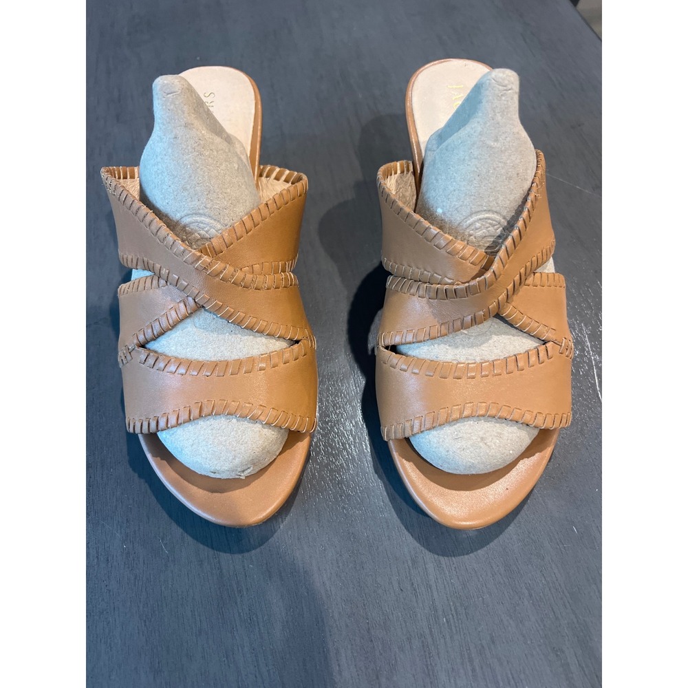 Jack Rogers Womens Tan Leather Whipstitch Wedge Sandals Slides Size 9M Boho